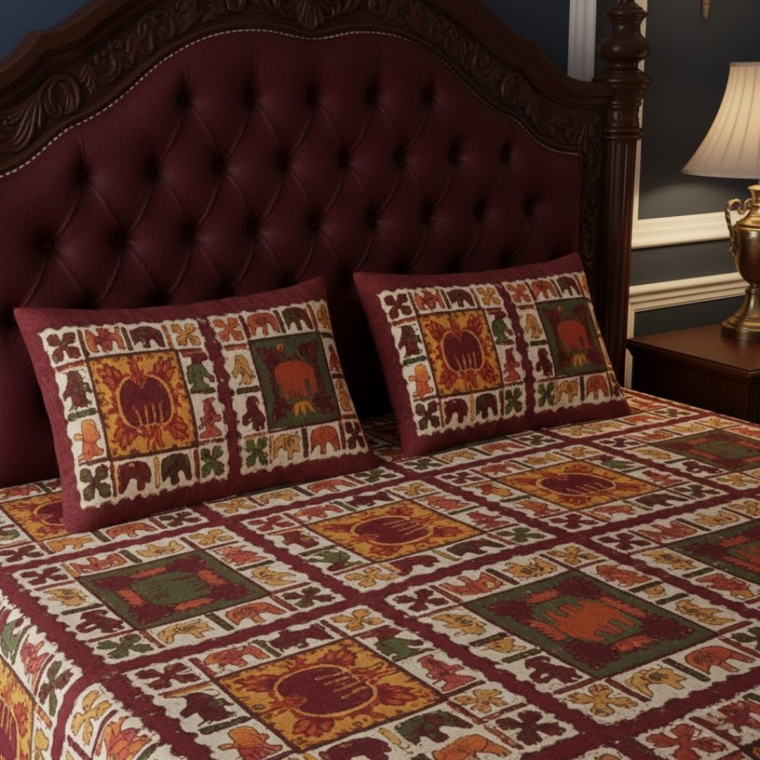 Maroon Border Elephant Pattern Screen Print Double Bed Sheet